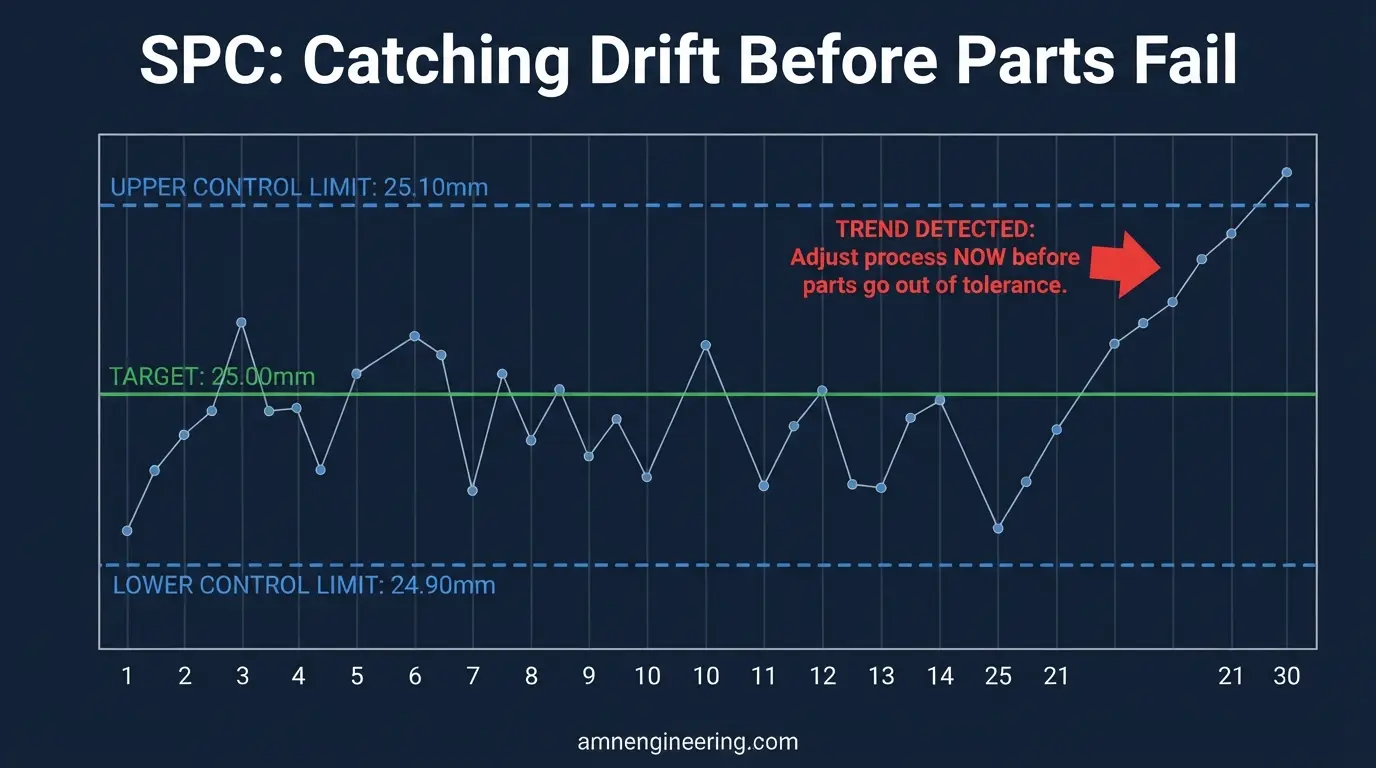 Example SPC control chart plotting a critical cast part dimension against upper and lower control limits with the center line at target